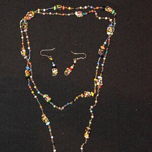Vintage Millefiore Art Glass Bead Necklace and earring set
